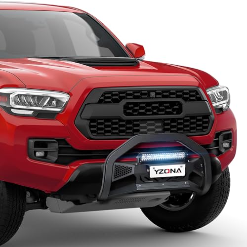 Image of YZONA Bull Bar with LED Light Bar & License Plate Frame Compatible for 2005-2015 Toyota Tacoma Front Grill Guard Grille, Truck Brush Guard, Bumper Push Bar (Include Skid Plate & Light Mount, Black)