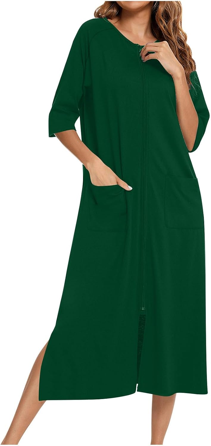 Womens Nightgown Short Sleeve Sleepwear Comfy Sleepshirts Casual Crew Neck Nightshirt Loose Zip Up Pajama Dress