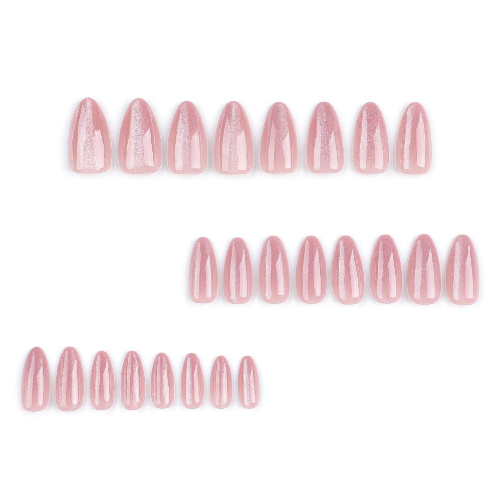 JUSTOTRY 24 Pcs Pink Cat Eye Almond False Nails Short,Peach Glitter Press on Nails Pattern,Glossy Fake Nails Medium for Nail Art,Cateye French Oval Stick on Nail for Women Gifts - Image 3