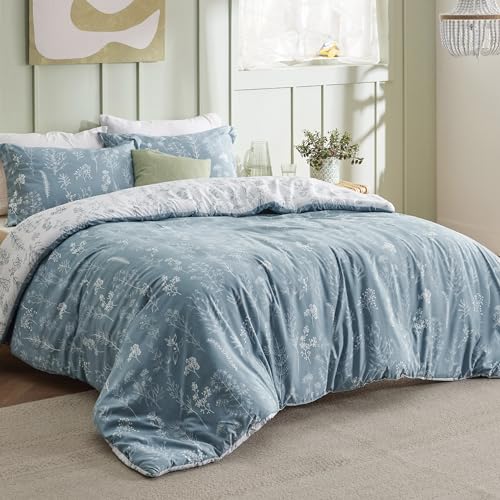 Image of Bedsure Duvet Cover King Size - Reversible Mineral Blue King Duvet Cover Set with Zipper Closure, 3 Pieces Floral Patterned Bedding Set with 8 Corner Ties and 2 Pillow Shams