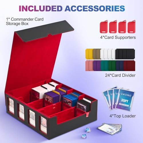 Image of UAONO Trading Card Storage Box with Commander Display; 2400+ Deck Box for MTG with Removable Cover; Top Loaders Card Case fits Magic TCG PTCG Sports Cards; 24 Dividers, 4 Stoppers (Black, Red)