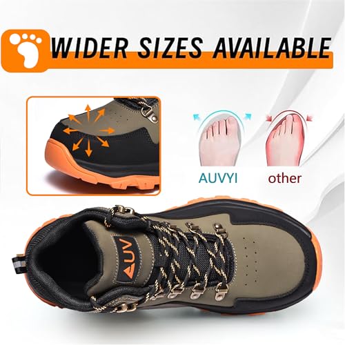 Image of AUVYI Waterproof Steel Toe Work Boots for Men - Wide Toe Comfortable Non Slip Safety Shoes Durable Leather Industrial & Construction Boots