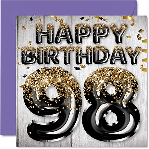 Tarjeta de cumpleaños 98 para hombre, globos negros y dorados con purpurina, tarjetas de feliz cumpleaños para hombre de 98 años, 145 mmx145 mm, noventa y ocho tarjetas de felicitación de regalo