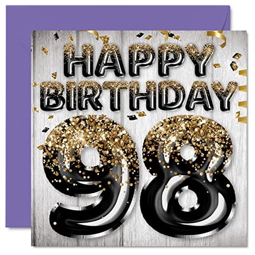 Tarjeta de cumpleaños 98 para hombre, globos negros y dorados con purpurina, tarjetas de feliz cumpleaños para hombre de 98 años, 145 mmx145 mm, noventa y ocho tarjetas de felicitación de regalo