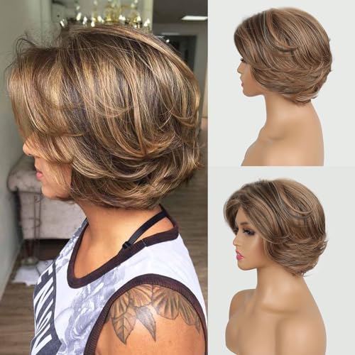 Aisaide Short Honey Blonde Pixie Cut Wig with Highlight Ombre Dark Brown Layered Bob Wigs for Women,Shaggy Layered Wig Ombre Highlight Brown Mixed Honey Blonde Curtain Bangs Curly Wig
