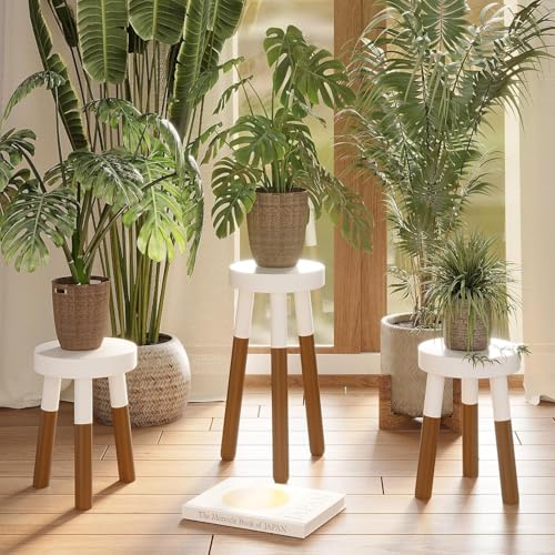 Image of Modern Round Wooden Stool & Side Table with White Finish, Solid Wood Legs, Stylish Multipurpose Furniture for Home, Living Room & Bedroom Small