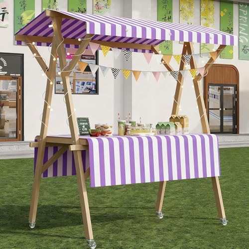 All-in-One Foldable Food Cart: Wooden Mobile Kiosk with LED Lighting & Awning,Lightweight Vendor Stall for Farmers Market/Street/Beach,Commercial Display for Snacks/Desserts/Fast Food 150*60*200cm-1