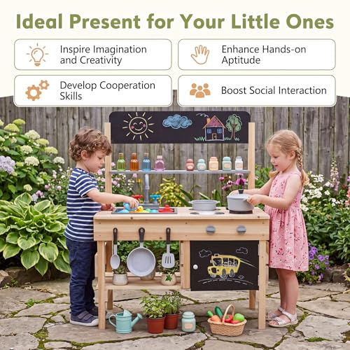 Image of HONEY JOY Mud Kitchen, Fir Wood Outdoor Play Kitchen for Toddlers, Storage Cabinet, Chalkboard, Cooking Accessories, Pretend Play Montessori Children Backyard Furniture for Garden Patio, Natural