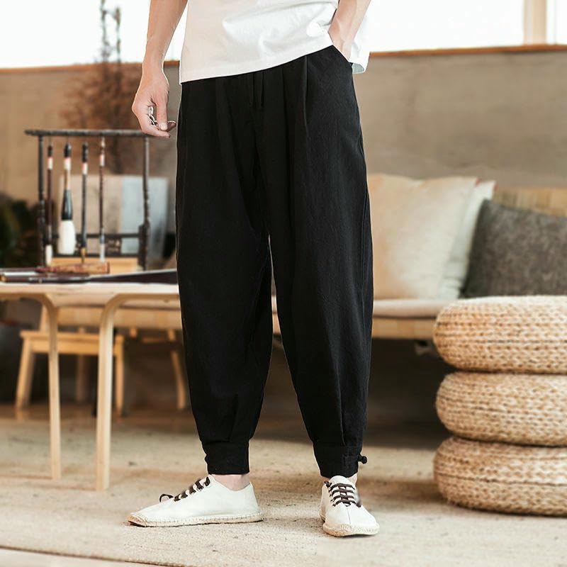 Men's Spring Summer Cotton Linen Loose Tapered Layman Zen Long Pants2
