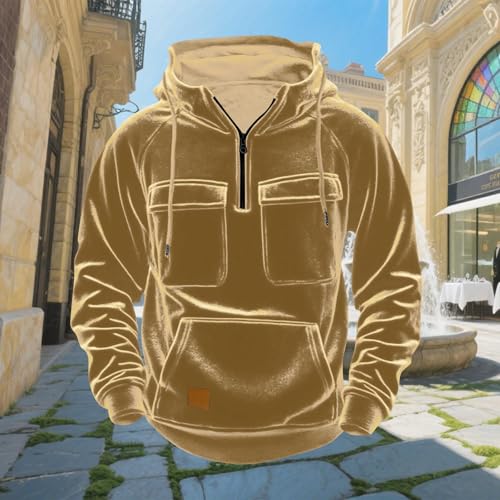 Men'S Gold Velvet Fleece Hoodie Quarter Zip Solid Warm Pullover With Pockets Long Sleeve Cargo Hooded Sweatshirt2