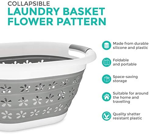 Fineway Large Collapsible Laundry Basket Washing Clothes Pop Up Bin Foldable W Integrated Grip Handles Space Saving Design Folding Multi Purpose Bin Storage Kitchen Garden (Grey)