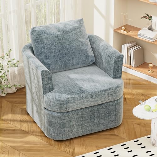 FiveWillowise Chenille Drehsessel für Wohnzimmer, Relaxsessel mit Armlehnen und Kissen, Sessel Wohnzimmer, Lesesessel für Schlafzimmer & Lounge, Flügelrücken-Ohrensessel, Einzelsessel, Neblig Blau