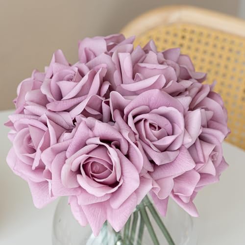 DUYONE Artificial Roses Single Stem 10pcs Fake Silk Flower Arrangement Bouquet for Home Party Wedding Decoration(Light Purple)