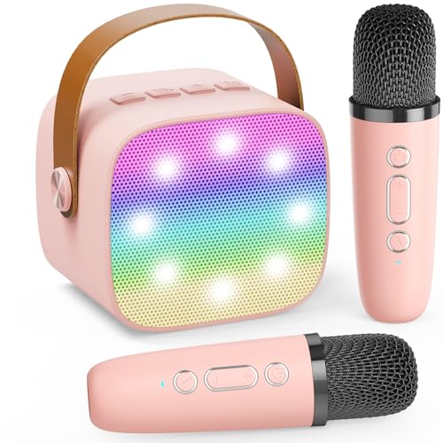 2026 Mini Karaoke Machine for Kids Adults, Portable Bluetooth Speaker with 2 Wireless Microphones, MP3 Music Player for Girls Toys 3-11,12+ Years Old, Gifts for Family Home Birthday Party (Pink)