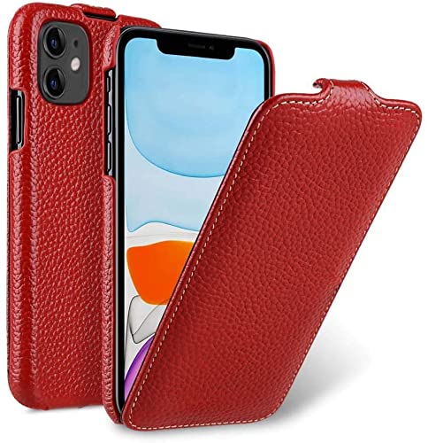 Étui iPhone 11 en cuir véritable rouge chic clapet vertical de SKM