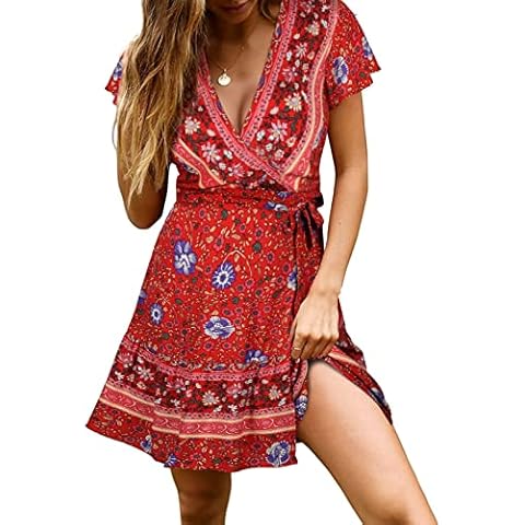 Svanco Summer Dress Short Sleeve for Women V-Neck Midi Dress Floral Ladies Boho Dresses Tunic Sundress Elegant Long Tshirt High Waist Beach Dress Holiday Red Cover
