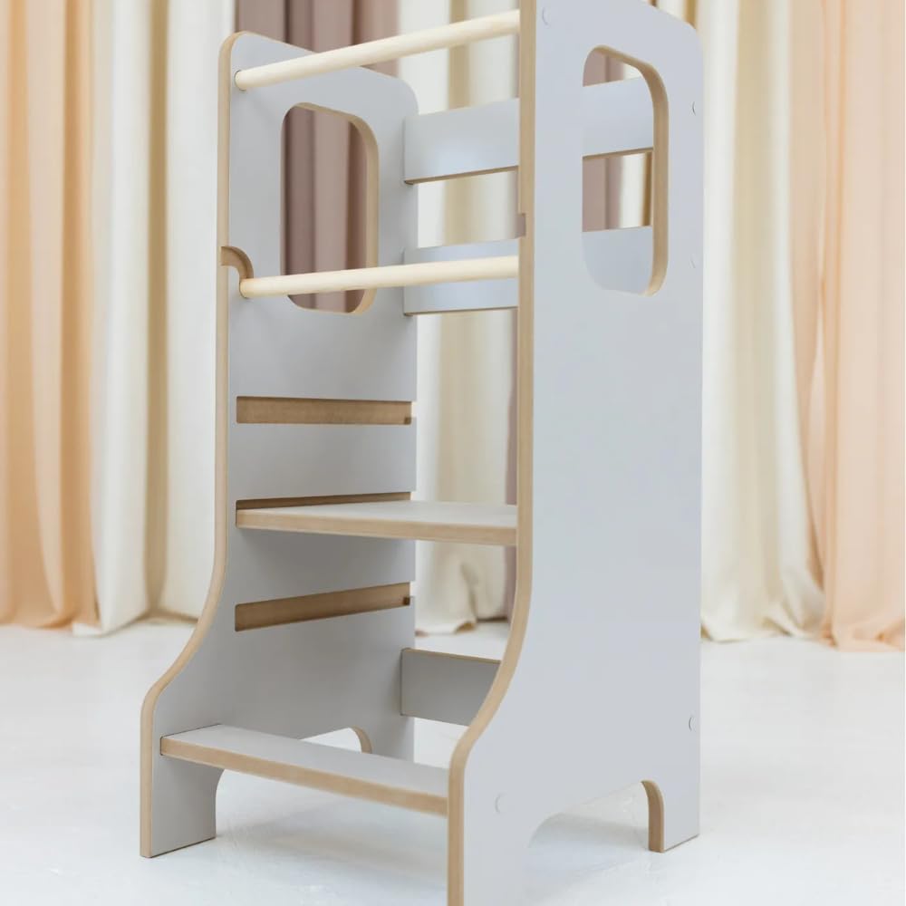 Babywood Lernturm Slim – höhenverstellbarer Küchenhelfer für Kinder, Stehpodest & Trittstufe, 85×40×41 cm, sicher & stabil, MDF, Farbe Kaschmir