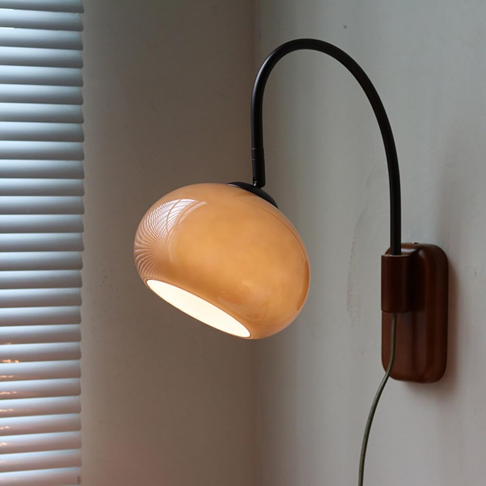 SXSCARKX Nordic Light Luxury Plug In Modern Wall Sconce Mid Century With White Milk Glass Vintage Industrial Wood Hardwired Smoke Grey Amber Farmhouse Reading Lamp For Bedroom Bedside
