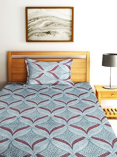 Image of Home Sizzler 144TC Vibrant Vines Baby Blue Double Bedsheet with 1 Pillow Cover