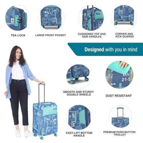 Image of uppercase JFK Plus 68 Cm Medium Polyester Soft-Sided 8 Spinner Check-in Trolley Bag Dust Resistant Eco-Soft Printed Luggage with TSA Lock, 2500 Days Warranty (Denim Blue)