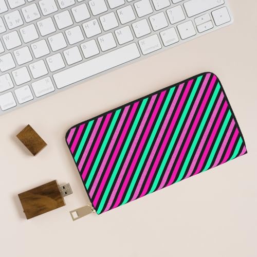 Leather Thin Slim Wallets for Women Men - Fashion Neon Diagonal Stripe Print Card Wallet Holder with Zipper4