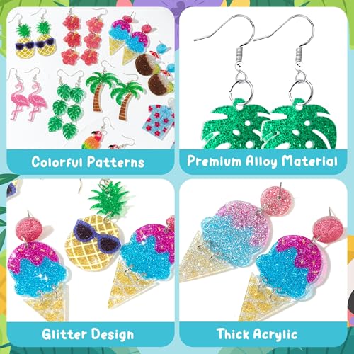 Y1tvei Summer Glitter Acrylic Earrings - 9 Pairs Hawaiian Flamingo Sea Turtle Sunflower Coconut Tree Dangle Set, Aesthetic Animals Plants Drop Jewelry Gifts for Girls Women Daily Beach Tropical Party3