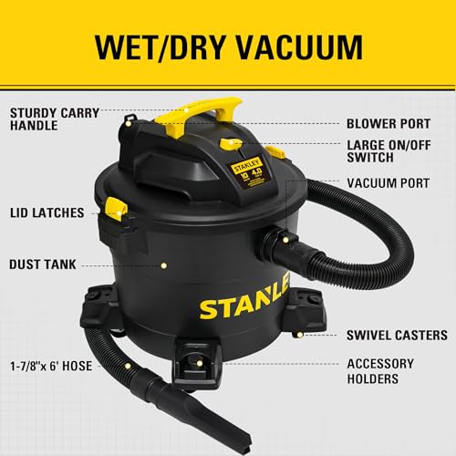 Image of STANLEY 10-Gallon 4 HP Wet /Dry Shop Vacuum Cleaner, Powerful Suction for Home Garage Workshop, 16ft Cleaning Range, Includes Crevice Tool & Accessories, Large Capacity Portable Vac, Model SL18191P