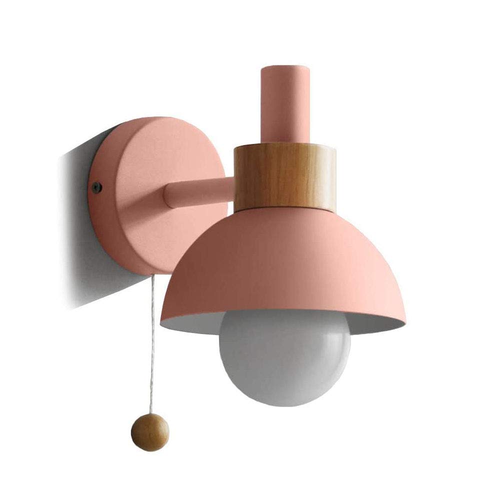 HUAYUSEDF Wall Sconces, Modern Light, Iron Wood Lamp with Pull Cord Switch, Round Sconce, Bedside Reading Lights, Bedroom Living Room Lighting Pink(Pink)