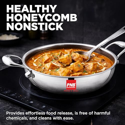 Image of PNB Kitchenmate Triply Stainless Steel Hybrid Non-Stick Kadhai with Glass Lid, 22cm (2L) | Heavy Bottom Induction Deep Karahi for Indian Cooking | Stay-Cool Handles & 2.5mm Thick | 5-Year Warranty