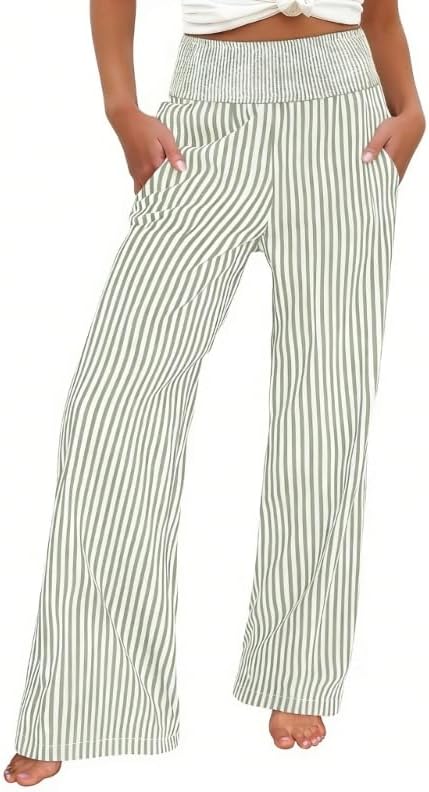Gingham Pants,Green and White Checkered Pants,Womens Palazzo Pants, Striped & Gingham