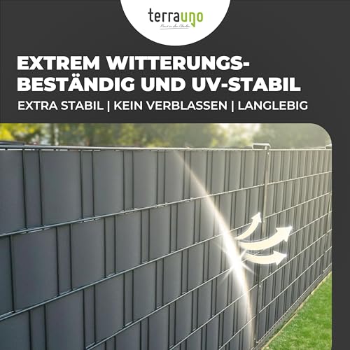 TerraUno Nachhaltige Sichtschutzstreifen für Doppelstabmatten, Polypropylen, Made in Germany, RAL 7016 Anthrazit, 26m x19cm Rolle, extra stabil, Lederoptik, Zaun Sichtschutz mit UV-Beständigkeit