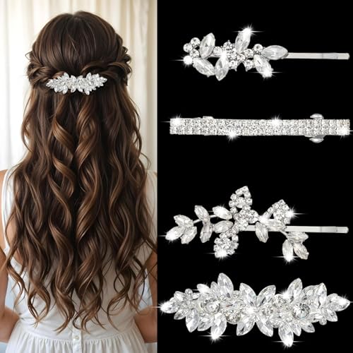 DOPENSPI Lot de 4 barrettes à cheveux en strass pour mariée, épingles à cheveux en forme de feuille, épingles à cheveux en cristal, accessoires pour mariées, demoiselles d'honneur et femmes