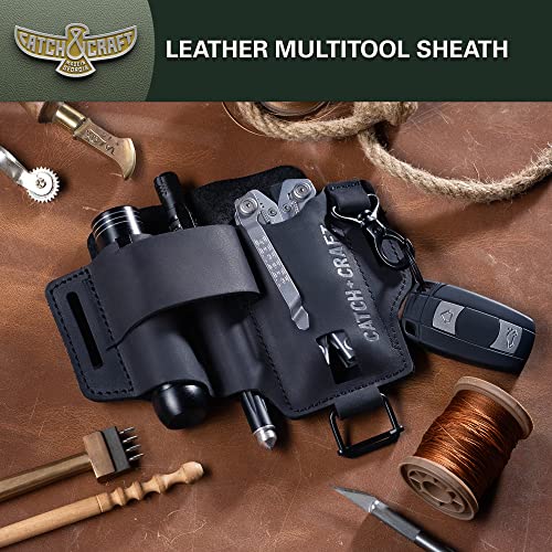 Leather Multitool Sheath For Belt - Durable Leatherman Holster - Compact Edc Belt Organizer For Men - Leatherman Sheath With Flashlight Holster, Pen Holder & Keychain Clip - Catchandcraft Black #TOP5