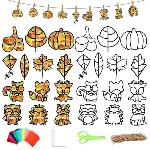 13 Stück Fensterbilder Herbst für Kinder, Herbst Basteln mit Kindern mit...