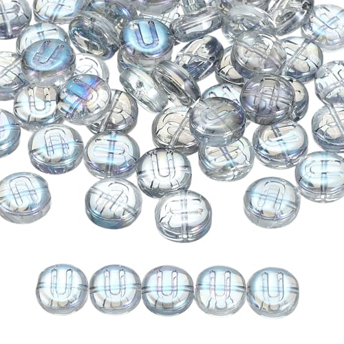 QUARKZMAN 60 Piezas de Abalorios de Letras de Vidrio, Abalorios de Alfabeto Redondos Planos de 10mm Letra U para Hacer Pulseras DIY, Azul
