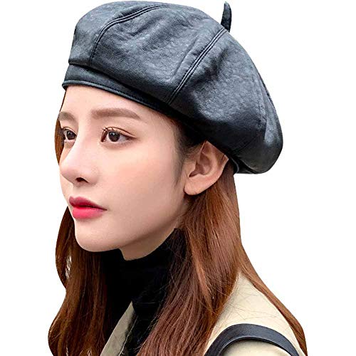 Womens Faux Leather Newsboy Beret Beanie Hat Classic PU French Style Fashion Adjustable Solid Color Artist Painter Cap Black