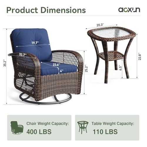 Aoxun 3 Pieces Patio Furniture Set, Patio Swivel Rocker Chairs Set of 2, Wicker Outdoor Bistro Set with Rocking Chair, Thickened Cushions and Table for Porch (Blue) - Image 4
