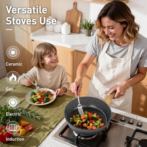 Image of DishDelight Pots and Pans Set Non Toxic, Kitchen Cookware Sets Non Stick | Granite Pans Set for Cooking, Compatible with Induction, Gas & Electric Stoves, PFOA & PFOS Free, Even Heating, Easy to Clean