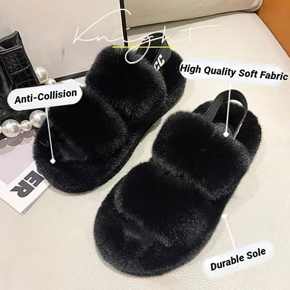 Women's Fuzzy Slippers Adjustable Fluffy Thick Sole Cozy Comfy Memory Foam Open Toe House Slippers Faux Fur Soft Plush Two Band Slides Anti-Skid Indoor Outdoor Home Bedroom for Women3
