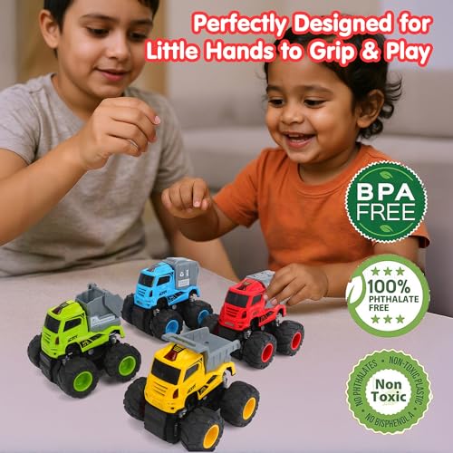 Image of Kidology Mini Trucks Toys Set of 4 | Push to Go Educational Toy Trucks Gift Set for Toddlers -Toy Vehicles with Flashing Lights & Music | Small Toys for Kids, Safe Non-Toxic Plastic