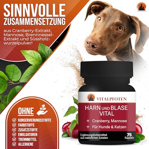 Vitalpfoten 3x75 Harn und Blase Vital Kapseln für Hunde & Katzen mit Cranberry, Mannose und Brennnessel, pflanzliche Hausmittel - Rezeptur für die Blase, Nieren und Harnwege