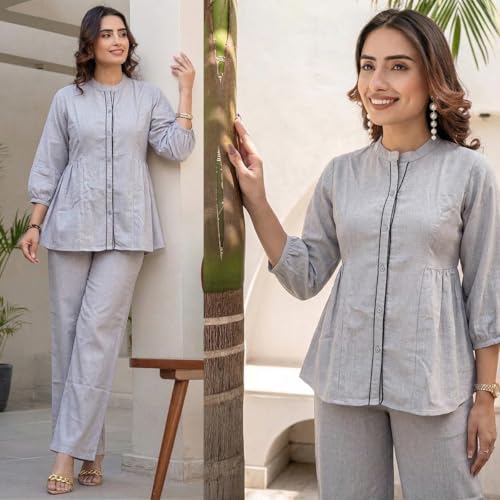 Image of TAGDO Co Ord Set for Women Stylish | Linen Kurta Set for Women | Mandarin Neck & Button Kurti Tops with Straight Fit Pants | Casual, Office & Travel Wear Two-Piece Outfit (2062)