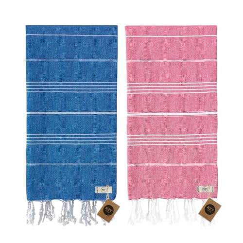 KZY LONDON Saunatuch Hamamtuch Saunahandtuch Strandtuch Badetuch Duschtuch Strandhandtuch Picknickdeckeprozent100 Baumwolle Extra Leicht XXL 100 x 180 cm DamenundHerren (2, Blau + Fuchsia)
