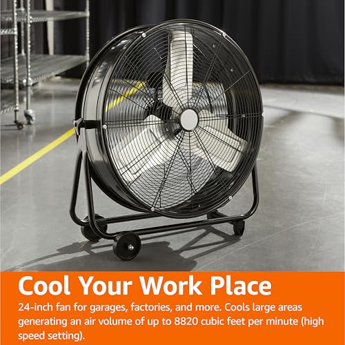 Image of Amazon Basics 24 inch 215W High-Velocity, Heavy-Duty Industrial Fan, Drum Fan, with UL-Certified Safety Compliance, 2 Speeds, Up to 8820 CFM, 5.9-ft Power Cord, 2 Wheels, Metal Housing /Blades, Black