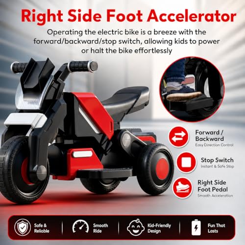 Image of StarAndDaisy Electric Ride-On Bike for Kids, Toddlers & Baby - 3 Wheel Rechargeable 6V Motorcycle with LED Lights, Bluetooth, USB, Foot Acceleration and Comfortable Seat (Red)