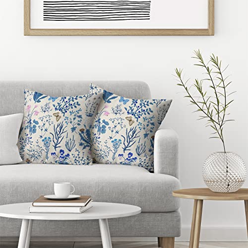 Image of AEIOAE Summer Pillow Covers 18x18 Inch Set of 2,Blue Wild Flower Plant Throw Pillows Case,Seasonal Floral Outdoor Decorative Square Linen Farmhouse Decor Cushion Covers for Home Sofa Bed Couch