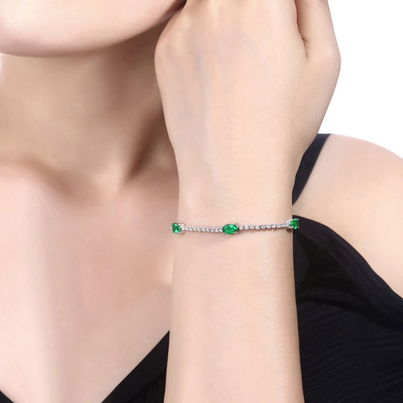 Pulsera Mujer de Oro Blanco 9Kilates / 14Kilates / 18Kilates, Oval con Esmeralda y Diamante, Cadena 16 CM, Pulsera para Mujer de Plata Verde