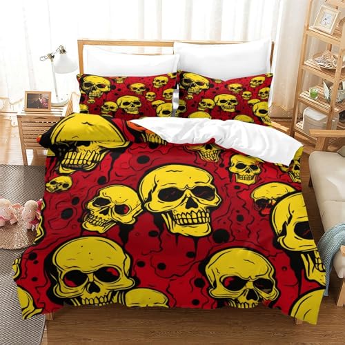Funda nórdica de calavera amarilla para cama doble con dos fundas de almohada de microfibra 3