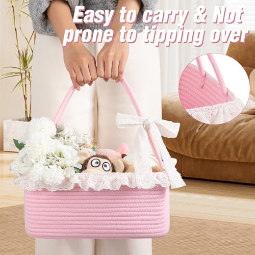 Image of OIAHOMY Gift Basket with Long Handles, Large Woven Baskets for Gifts with Gift Bag, Ribbons and Lace, Cotton Rope Storage Basket for Birthdays, Baby Showers, Picnic, Wedding DIY Presents - Pink