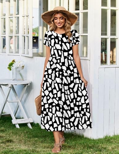 Image of Zeagoo Summer Dresses for Women 2026 Maxi Bohemian Floral Short Sleeve Long Dress Casual Flowy Tired Beach Sundress